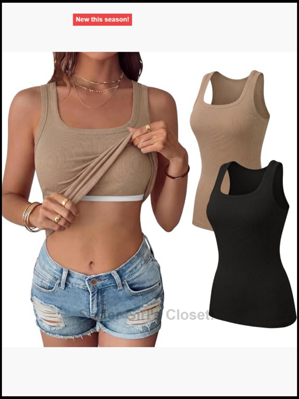 Women's Square Neck Ribbed Tank Top 2 Pack with Built in Bra Sleeveless Fitted